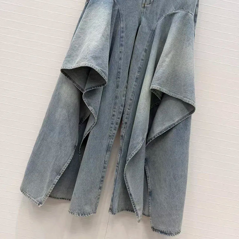 Irregular ruffled denim flared pants for women - high-waisted, loose-fitting, slimming, floor-length pants. 2026 new style.