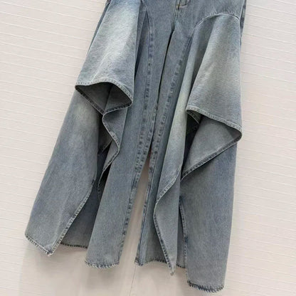 Irregular ruffled denim flared pants for women - high-waisted, loose-fitting, slimming, floor-length pants. 2026 new style.