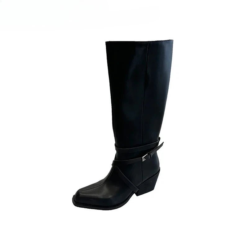New Women Square Toe Cross Strap Buckle Knee High Boots Leather Chunky Heel Vintage Tall Boots Ladies Daily Commute Botas Mujer
