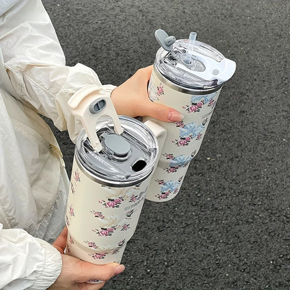 1pc 900ml Floral Print Stainless Steel Vacuum Insulated Tumbler with Straw,  Ice Cold Retention Cup,Birthday Gift for Women