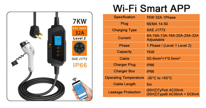feyree Type1 7KW 32A 1Phase Portable EV Charger J1772 Socket with 5m Cable Smart APP WIFI Control Version for Electric Vehicle