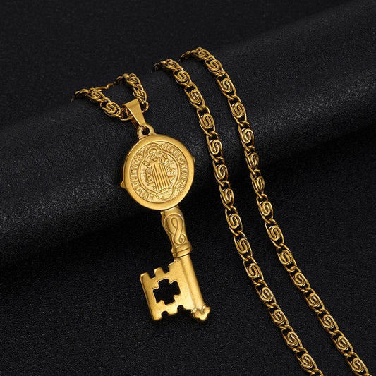 Catholicism Saint Benedict Key of Life Pendant Necklace for Women Men Stainless Steel Hip Hop San Benito Medal Necklaces Jewelry