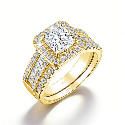 2Pcs 925 Silver Wedding Rings Set for Women Princess Cut White Moissanite Halo Engagement Bridal Ring Vintage Luxury Jewelry