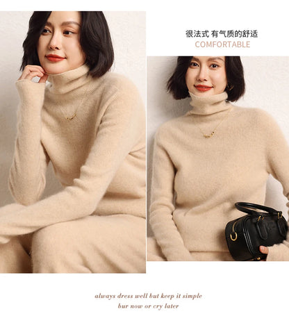 100% cashmere sweater women's knitted pullover sweater high neck solid color slim fit soft cashmere basic women's sweater
