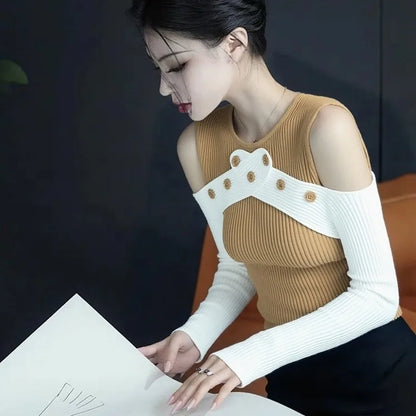 Women Clothing Autumn Fashion Simplicity Trend Hollow Out Knitting O-neck Female Color Blocking Appear Thin Slim Pullovers Sweat