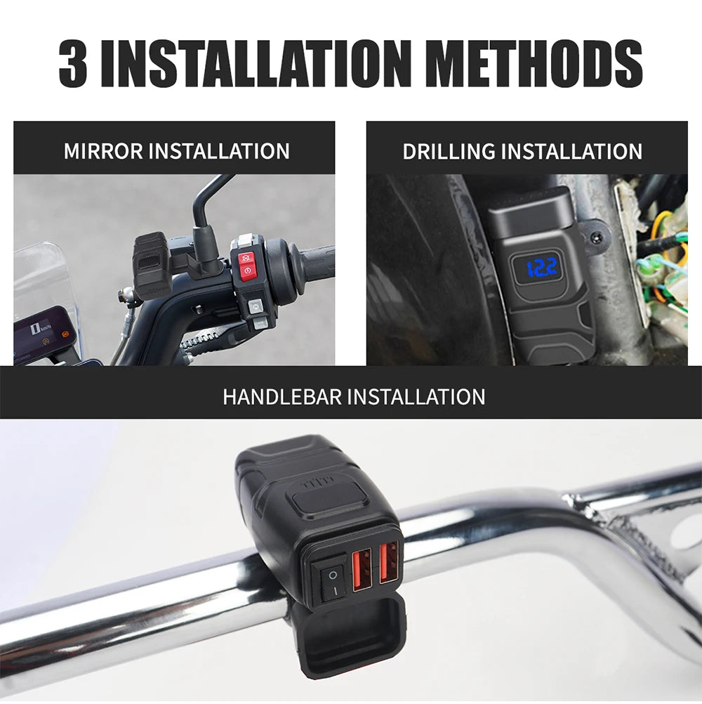 1x Motorcycle Dual USB Socket QC3.0 Fast Charger 60W Handle Style with Switch Voltmeter Waterproof 12V Power Supply Adapter Kit
