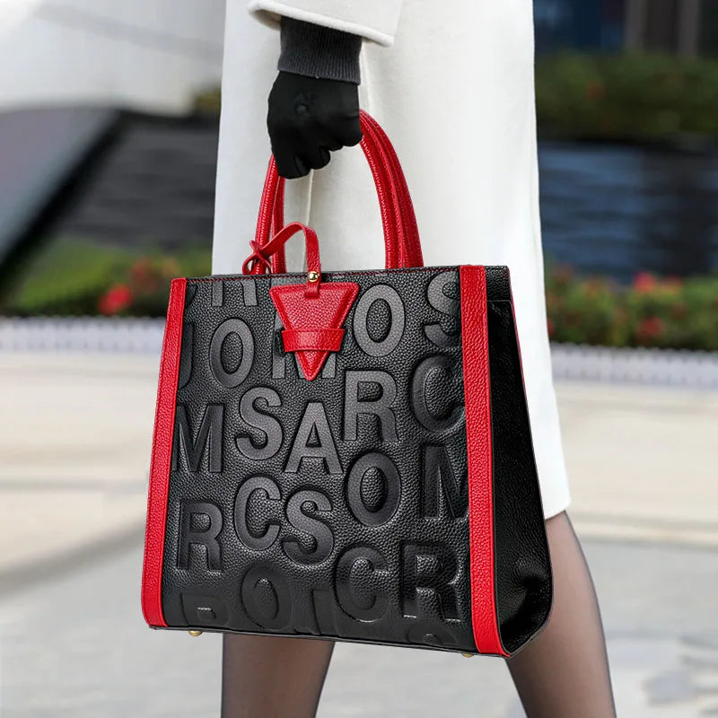 Genuine leather letter printed women's handbag new large capacity contrasting leather crossbody bag
