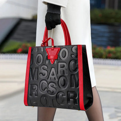 Genuine leather letter printed women's handbag new large capacity contrasting leather crossbody bag