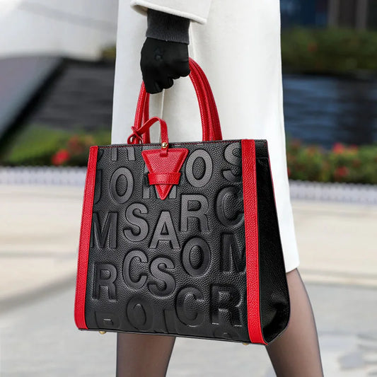 Genuine leather letter printed women's handbag new large capacity contrasting leather crossbody bag