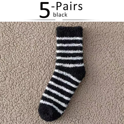 5 Pairs Thick Mens Thermal Socks Winter Warm Striped Coral Fleece Fluffy Solid Color Sleep Male Bed Socks Calcetines Hot Sell