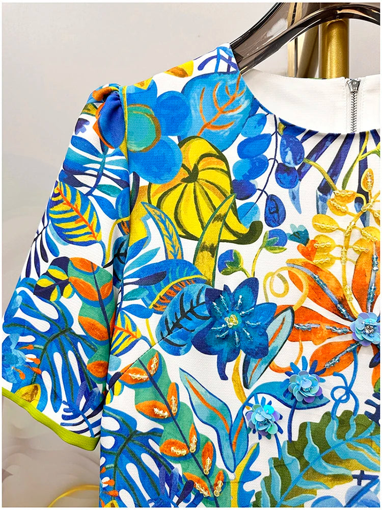 2026 Printed Beaded Dress Women Short Sleeve O Neck a Line Dress Elegant Fashion Summer Ladies Casual Party Midi Dress