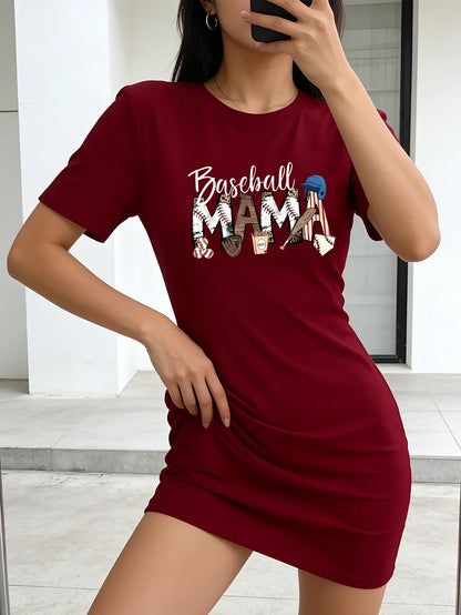 Baseball Mom Printed Ladies' Casual Short-Sleeved Dress, Round Neck Casual Wear, Suitable for All Seasons Casual Wearing