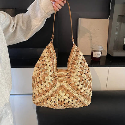 Ladies Knitted Straw Handbag Hollow out Hand Woven Beach Shoulder Bag for Women Seaside Tote Perfect for Vacations
