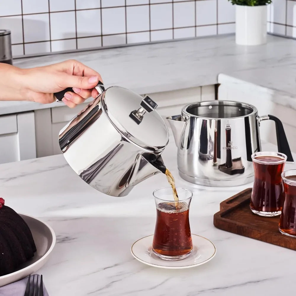 Stainless Steel XL Turkish Teapot Set with 1L Pot and 2L Tank, Compatible with Stovetop and Induction, Elegant Design for Large