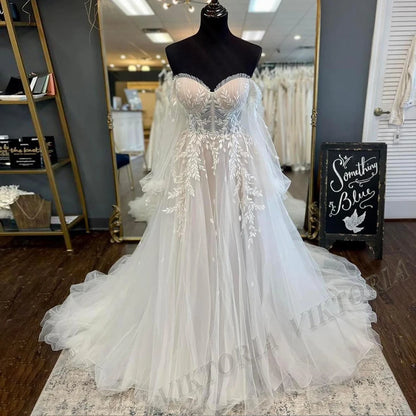 VIKTORIA Fashionable A-line Wedding Dresses for Women Sweetheart Long Sleeves Pleat Appliques Zipper Robe De Soiree De Mariage