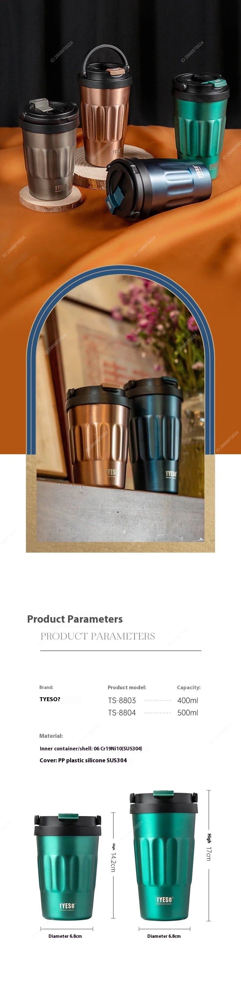 400/500ML Tyeso Vintage Coffee Mug Portable Steel Insulated Travel Cup Convenient Handheld 304 Stainless Thermos for On-the-Go
