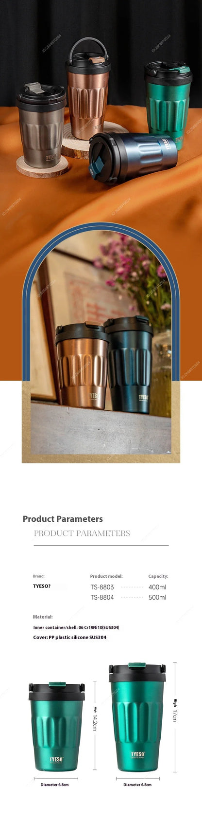 400/500ML Tyeso Vintage Coffee Mug Portable Steel Insulated Travel Cup Convenient Handheld 304 Stainless Thermos for On-the-Go