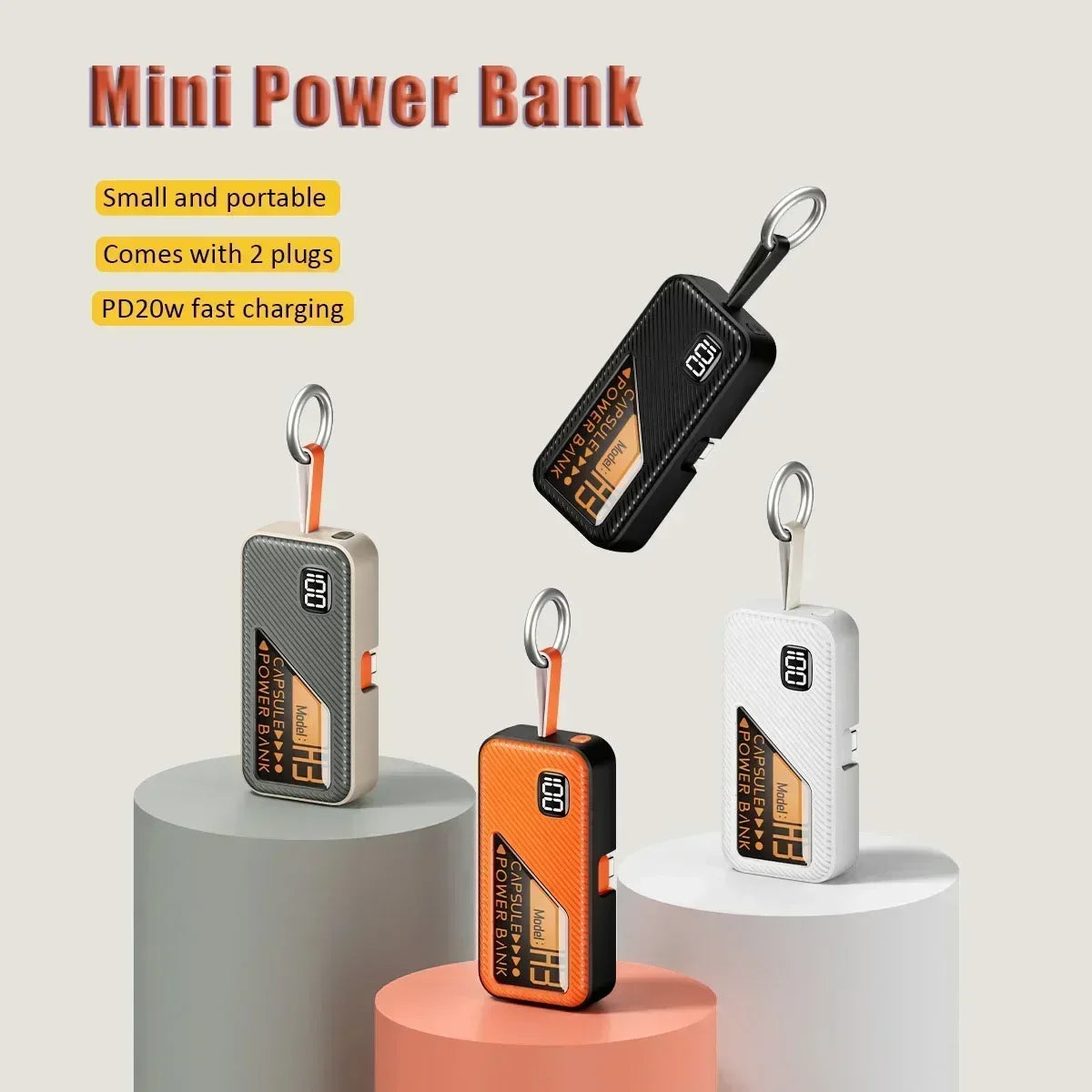 20000mAh Mini Power Bank PD20W Fast Charging Comes with Cable Digital Display PowerBank for IPhone13 14 15 16 Samsung and Xiaomi