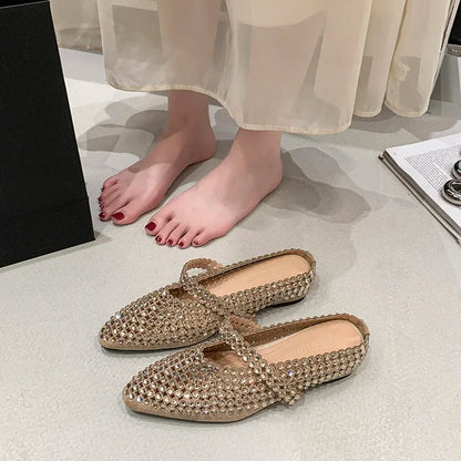 Crystal Women's Pointed Toe Slippers Luxury Flats Sandals Casual Mules Shoes Cozy New Trend Slides Fashion Dress Mujer Zapatos