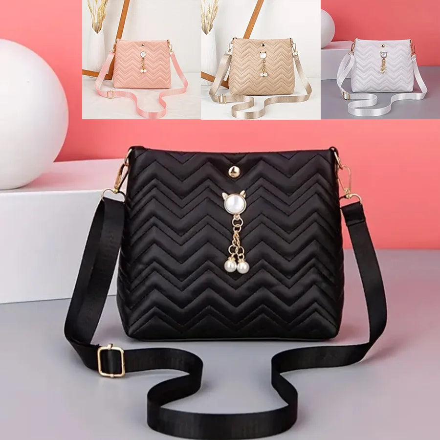 Women's Quilted Crossbody Bag with Cat Pearl Pendant - Elegant Shoulder Purse for Holiday gifts, 2025 Stylish Novelty Handbag
