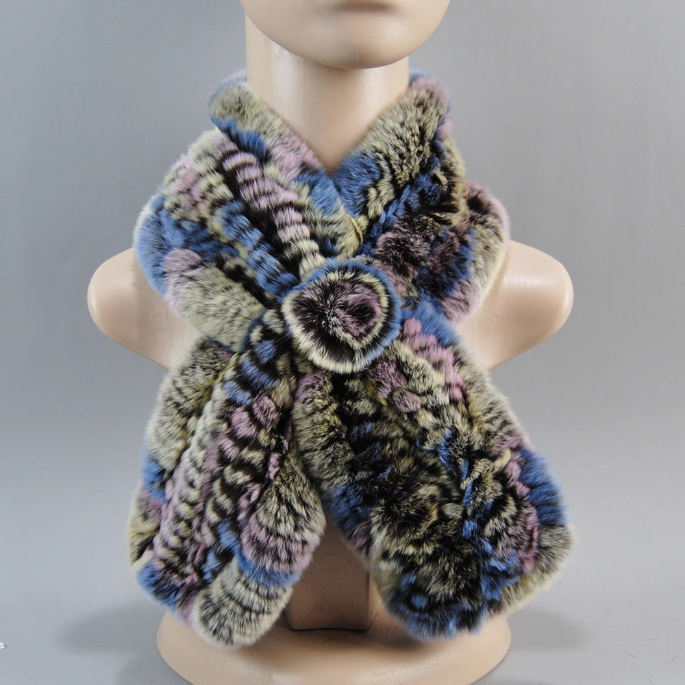 Hot Russian Women Knit Real Rex Rabbit Fur Scarf Lady Fashion Floral Rex Rabbit Fur Mufflers Hot Winter Warm Natural Fur Scarves
