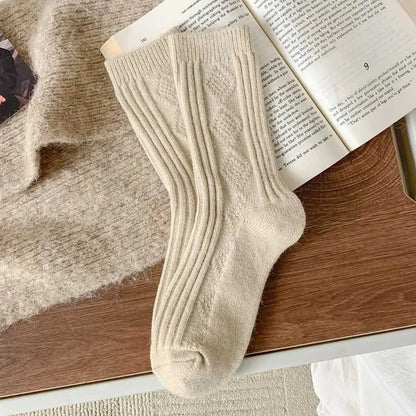3Pairs Winter Cashmere Wool Socks Women's Winter Diamond Thicken Warm Black White Pack Set Thermal Japanese Fashion Solid Color