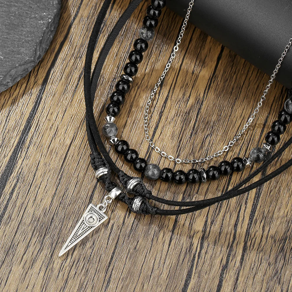 Retro Men Multilayer Leather Necklace Black Agate Beaded Necklace Bohemian Party Jewelry Accessories Gifts