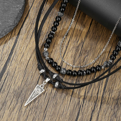 Retro Men Multilayer Leather Necklace Black Agate Beaded Necklace Bohemian Party Jewelry Accessories Gifts