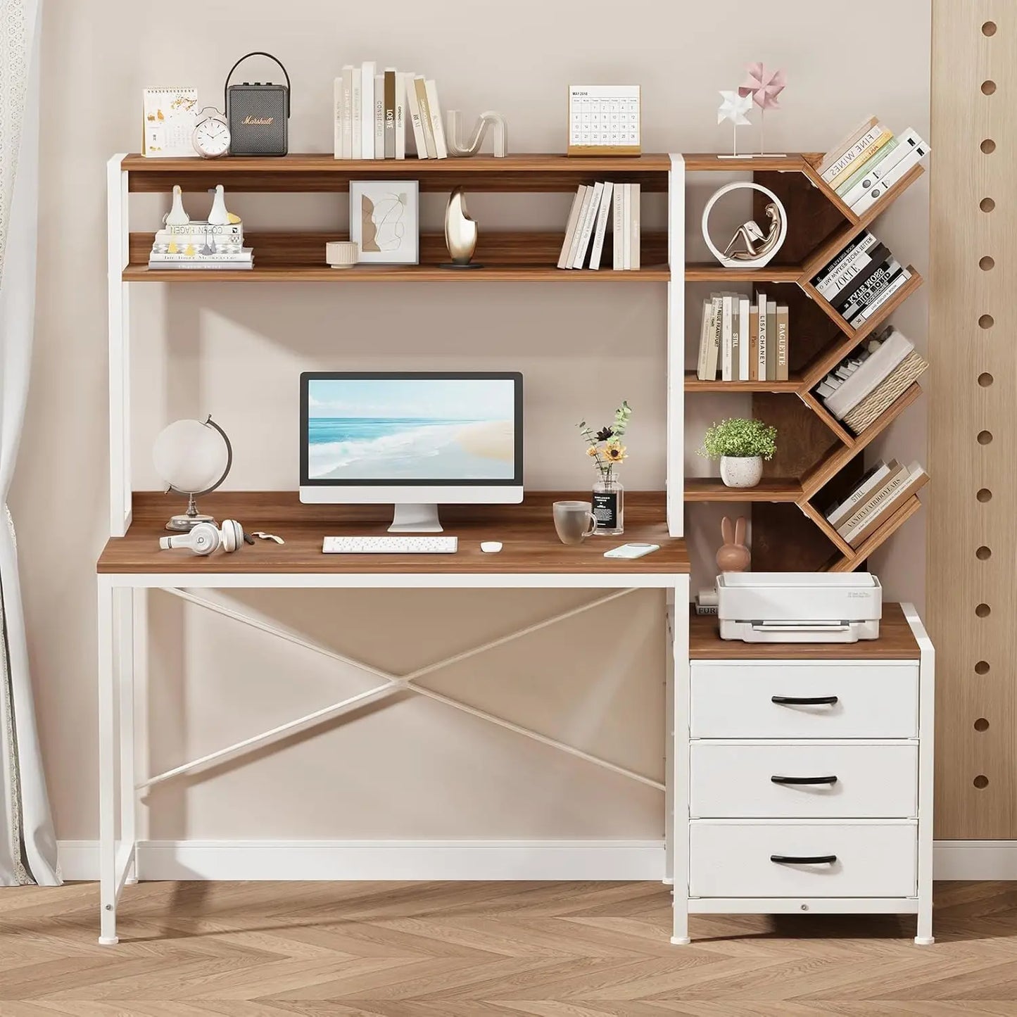 Computer Desk with Hutch, Home Office Desk with Drawers and Bookshelf, 52'' Study Writing Desk with Storage Shelves