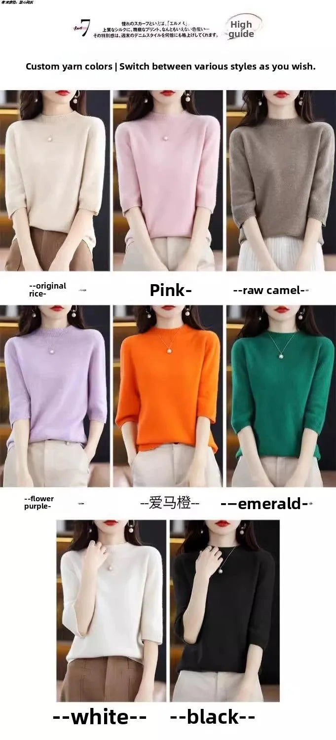 2026 New Soft Short Sleeve Women's Half High Neck Overhead Wool Blend Simple Loose Thin Seven Sleeve Woolen Sweater