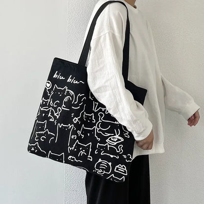 Canvas Bag Womens Handbag Shopping Bag Cute Cat Zipper Handbag Designer Bag Japanese Style Cartoon Small Shoulder Bag