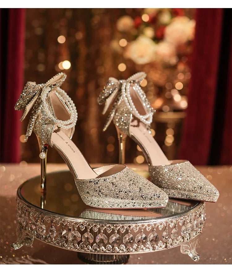 Shiny Glitter Bow Pearl Chain High Heels Wedding Banquet Dress Wedding Shoes Women's Shoes