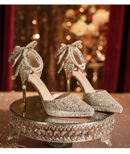 Shiny Glitter Bow Pearl Chain High Heels Wedding Banquet Dress Wedding Shoes Women's Shoes