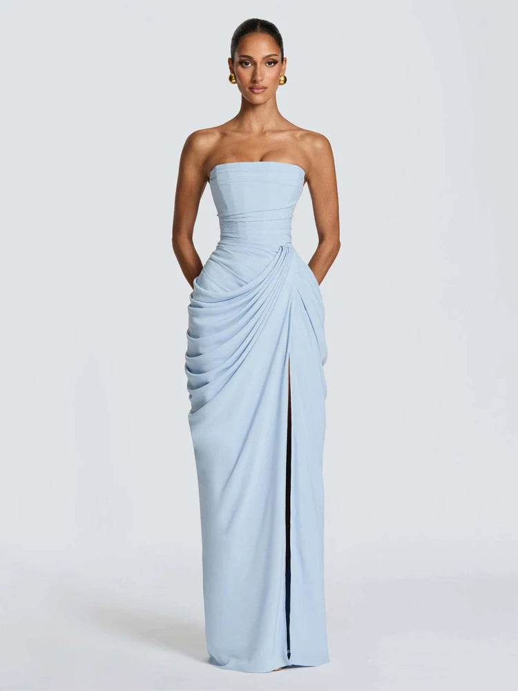 Elegant Yellow Strapless Pleated Dress Women Chic Sleeveless Waist Cinching Split Maxi Gowns 2026 Summer Lady Evening Party Robe