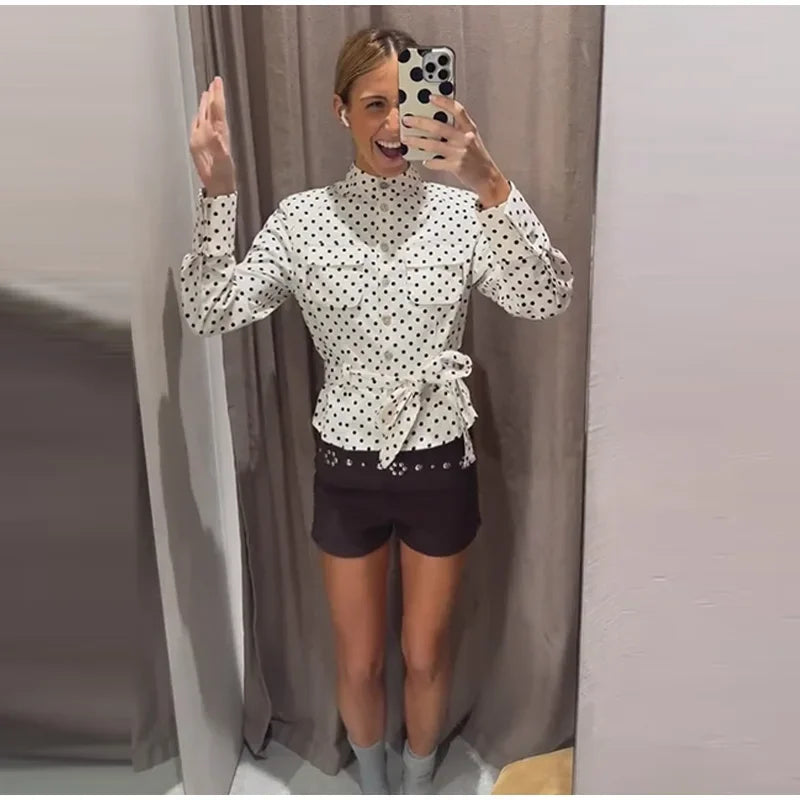 Fashion Polka Dot Cropped Pants Set For Women Y2K Stand Collar Lace Up Jacket High Waist Capri Pants Lady Street 2 Pieces Outfit
