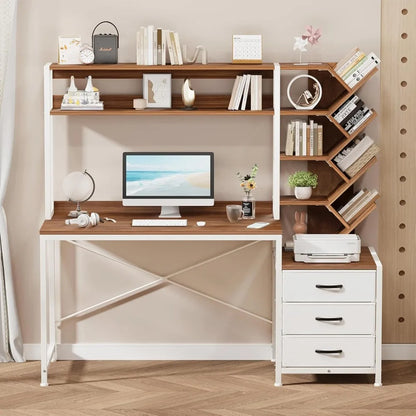 Computer Desk with Hutch, Home Office Desk with Drawers and Bookshelf, 52'' Study Writing Desk with Storage Shelves