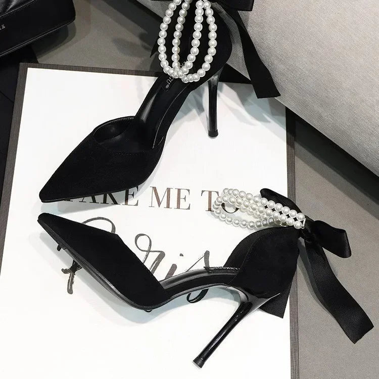Shoes for Women 2023 Brand Spring Women's Pumps Pointed Toe Solid Flock Beads Bow Tie Buckle Shallow Mouth Novelty High Heels