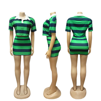Fashionable Women's Stripe Color Block Shortie Set TW683-1 Bicolor Collar Crop Top with Skirt Polyester Fiber Knee-Length