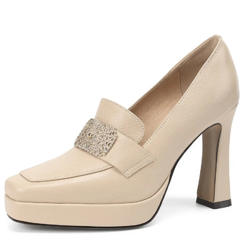 【JOCHEBED HU】Brand Genuine Leather Platform Shoes for Ladies Square Toes Women's Sewing Lines High Heels Leather