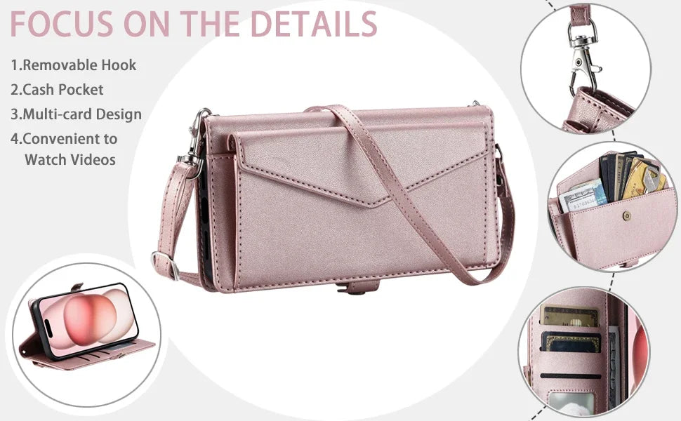 Crossbody Leather Wallet Case For iPhone17 16 Pro Air 16E 15 14 13 12 11 Pro Max XS XR SE 8 7 Card Solt Pocket Shoulder Cover
