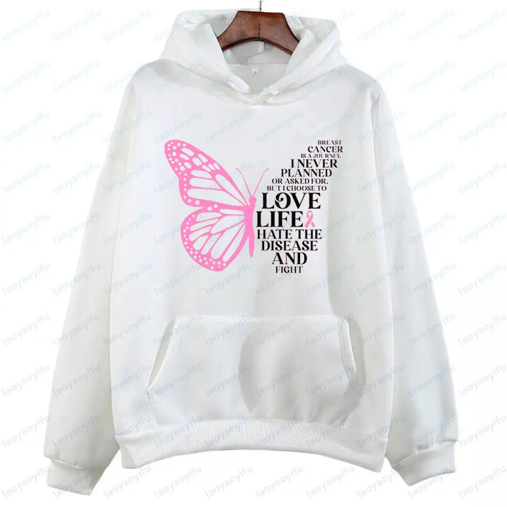 Breast Cancer Is A Journey Breast Cancer Awareness Clothing Butterfly Cancer Sweatshirts Pink Ribbon Hoodies Love Life Women Top