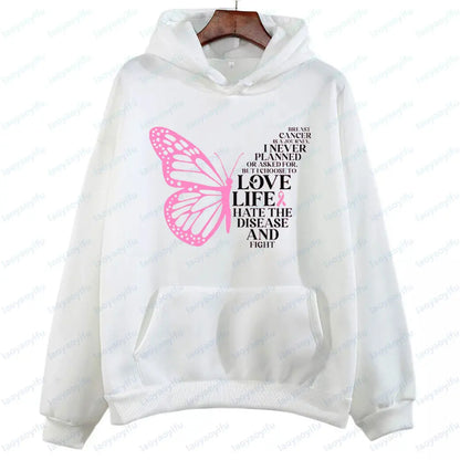Breast Cancer Is A Journey Breast Cancer Awareness Clothing Butterfly Cancer Sweatshirts Pink Ribbon Hoodies Love Life Women Top