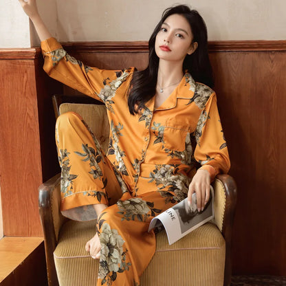 2026 New Ice Silk Thin Casual Women Pajamas Long Sleeve Set Women's Homewear
