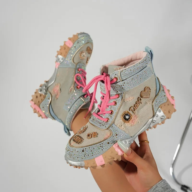 Luxury Rhinestone Casual Women's Sneakers High Top Thick Bottom Loafers 2026 Fashion Comfort Lace Up Women Shoes Tênis Feminino