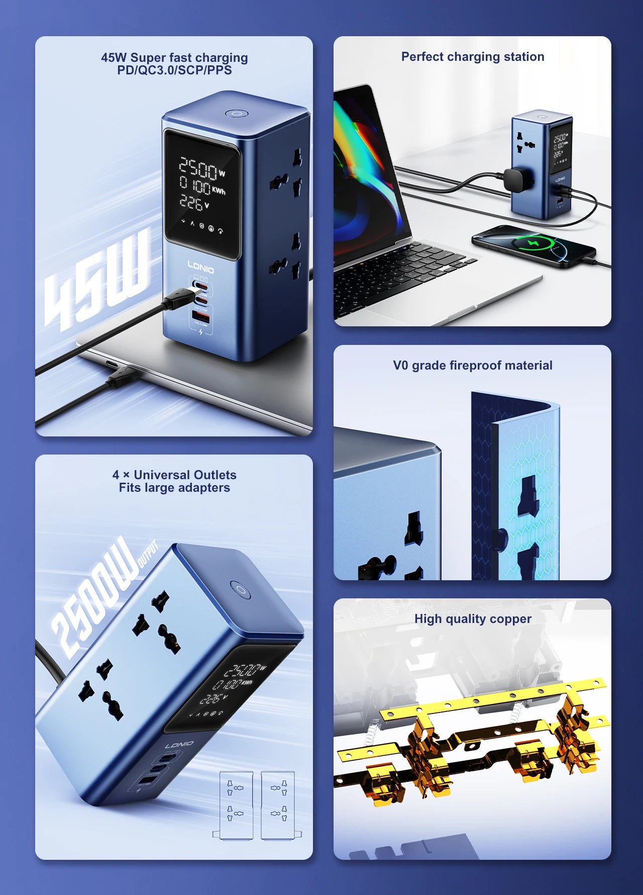 LDNIO Vertical Universal Socket Tower Power Strip Multi Outlets with 45W PD USB C Fast Charging Stations Extension Cable LED