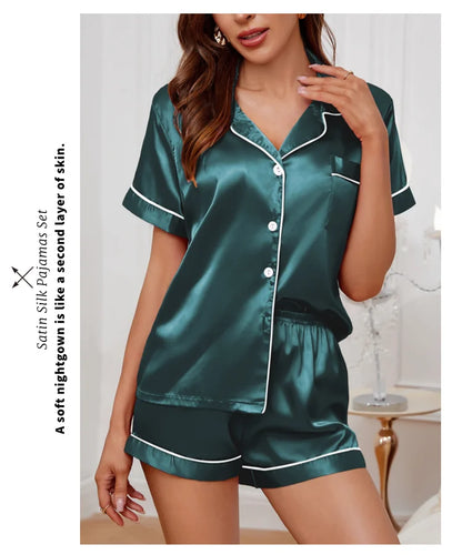 Women's Satin Pajama Set Summer Sleepwear Loungewear Short Sleeve Lapel Top & Shorts Pyjamas Button Home Clothes Pajamas Pjs Set