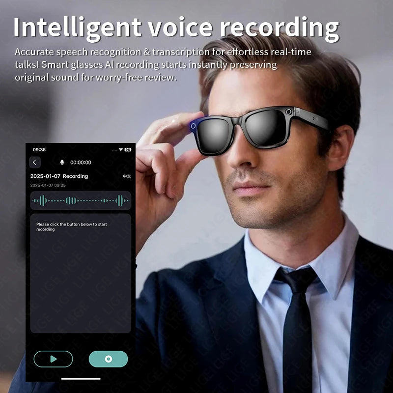 LIGE AI Camera Glasses Wireless Smart Sunglasses with Camera Bluetooth Call Music Glasses Video Sound Recording Antiblue Glasees