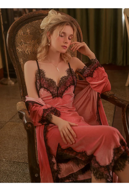 REBEYULI Brand Sexy Sleepwear Women 2026 Autumn Lace Sweet Solid Night Dress Long Soft Comfortable Velvet Robe Gown Sets Women