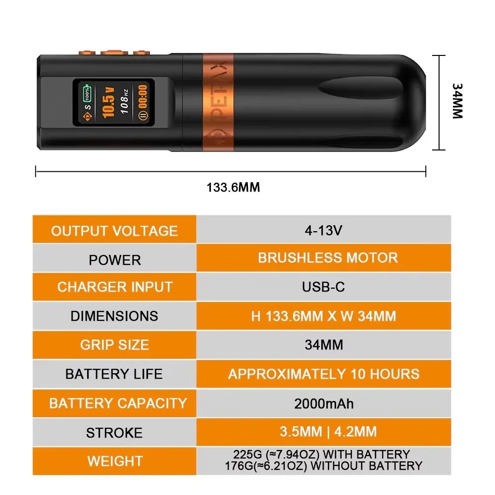 PEPAX Leve H2 Wireless Tattoo Machine Pen 3.5/4.2/5.0MM Stroke Wireless Tattoo Pen with 2000mAh Batteries for Tattoo Artists