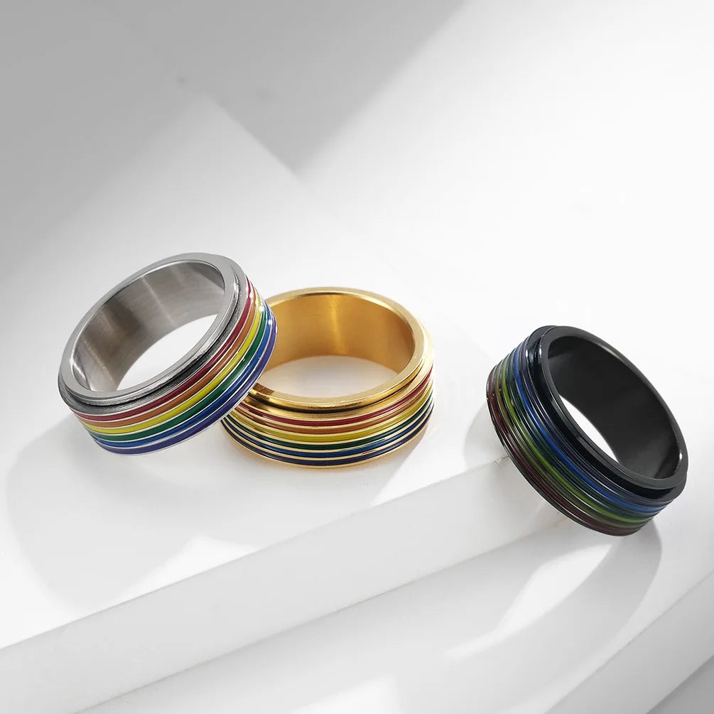 Rainbow Color Anxiety Rings For Women Men Stainless Steel Rotate Freely Fidget Spinning LGBT Pride Ring Accessories Jewelry